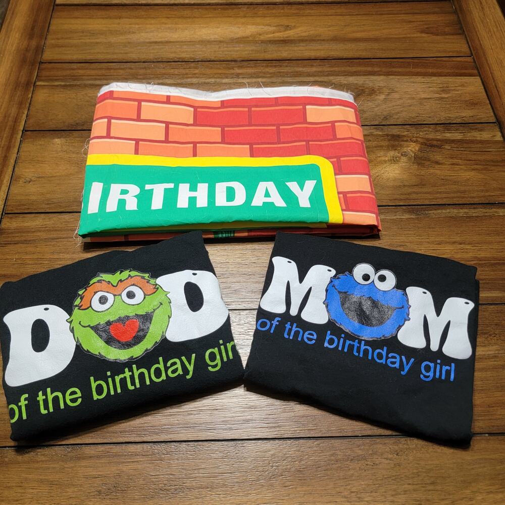 Set of 3 Sesame Street Girl Birthday Party Set: Banner & Parents Tees